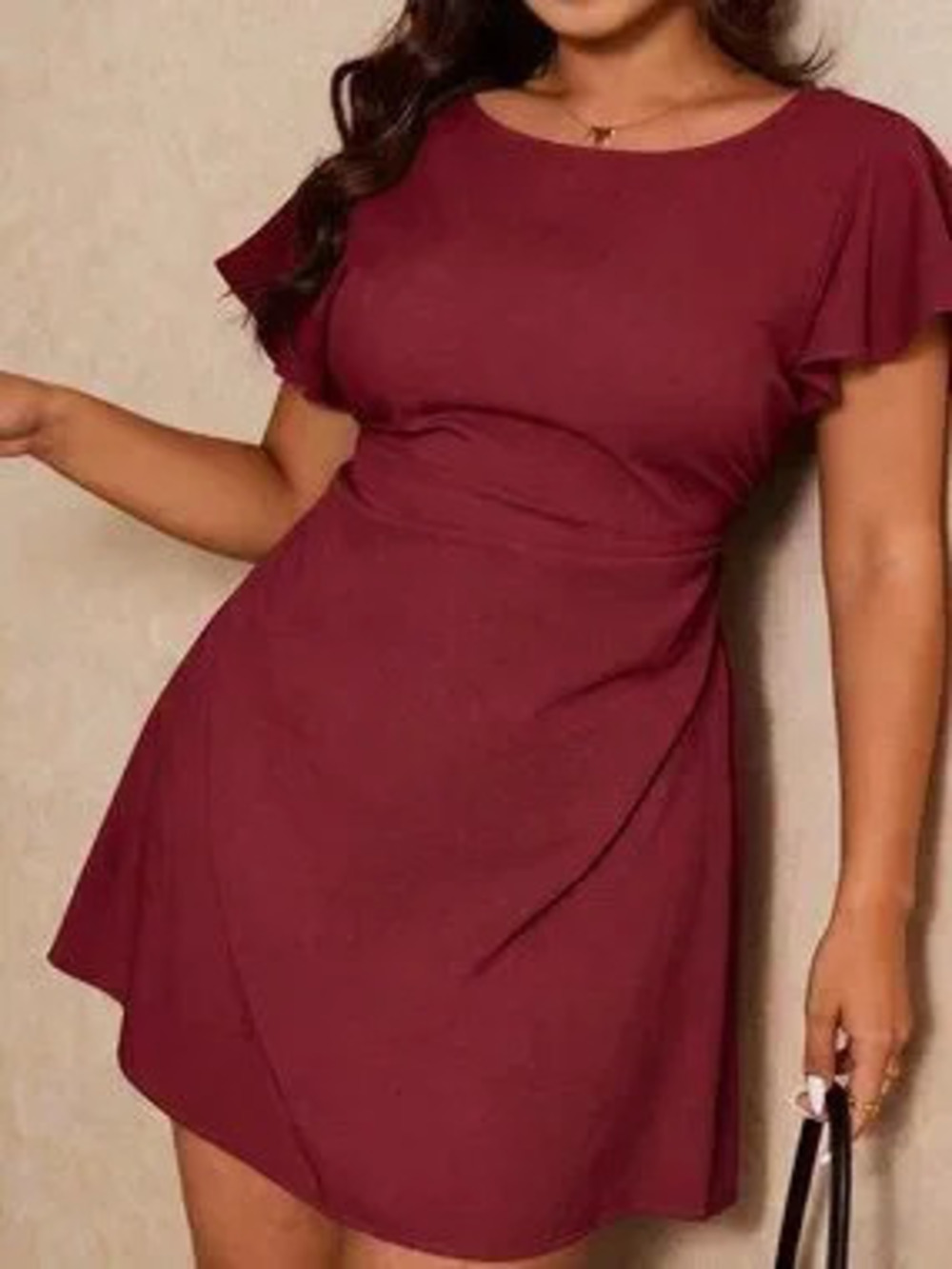 Burgundy Casual Regular Fit Women's Flounced Mini A-Line Dress